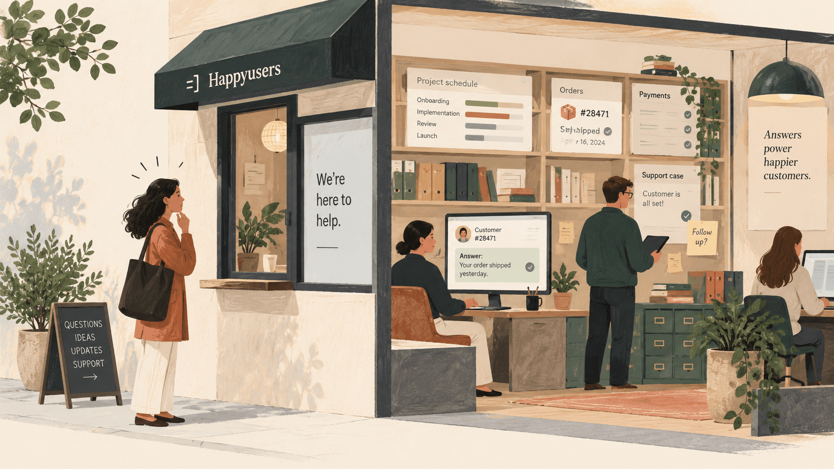 A customer pauses outside the Happyusers storefront while, inside, the team already has her order status, schedule and case file on screen.