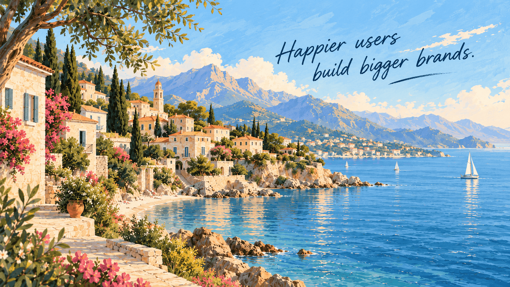 A sunlit Mediterranean coastline — happier users build bigger brands.
