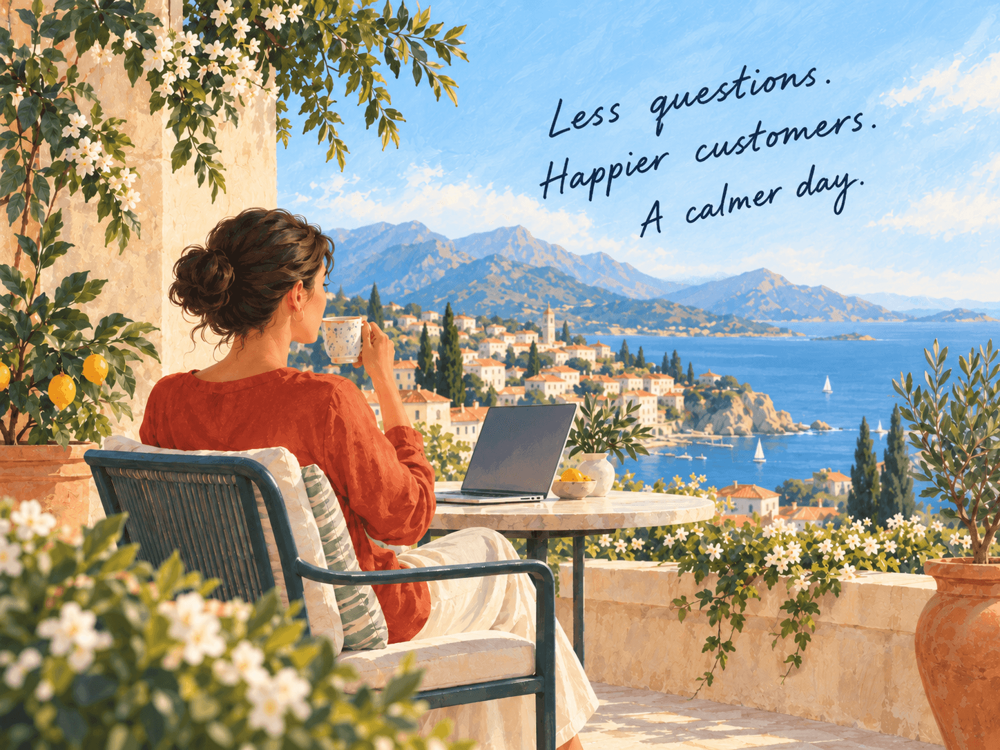 A founder with a coffee on a Mediterranean terrace, laptop open — less questions, happier customers, a calmer day.